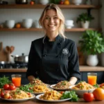 A professional chef in a modern kitchen wearing a black chef's jacket, smiling while presenting fresh dishes like colorful pasta, grains, fruits, and juices. The well-lit kitchen features wooden shelves stocked with white ceramic dishes and utensils.