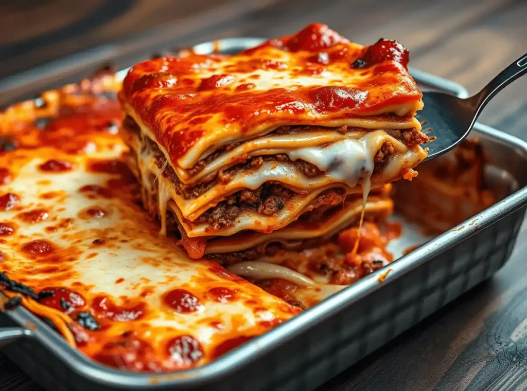 Lasagna in a speckled ceramic dish, topped with bubbly cheese and herbs, set on a dark wooden table.
