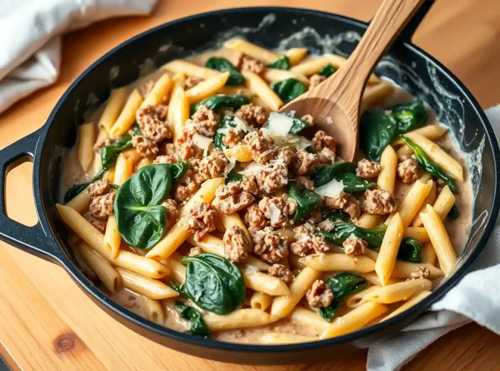 Black non-stick skillet filled with creamy sausage pasta, topped with spinach and Parmesan cheese, ready to serve with a wooden spoon