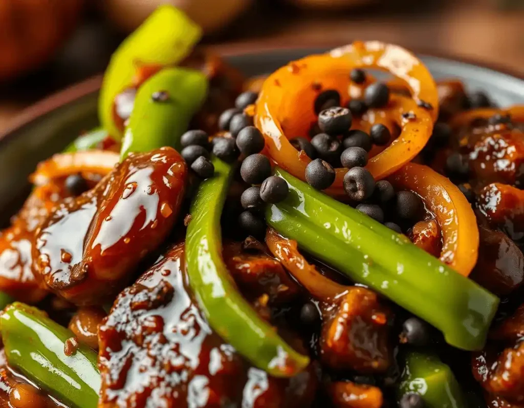 Deeply sauced Black Pepper Chicken with slightly charred edges, fresh green peppers, translucent onions, and a sprinkle of peppercorns, shot with dramatic lighting and shadows.