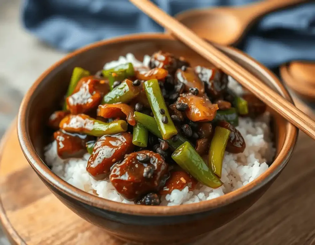Black Pepper Chicken served over fluffy white rice in a rustic ceramic bowl, garnished with green peppers, onions, and peppercorns, with wooden chopsticks resting beside it.