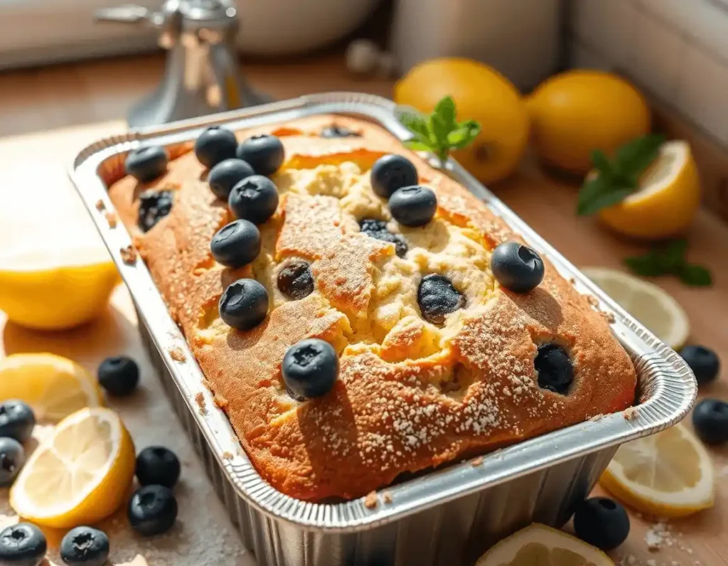 A freshly baked lemon blueberry yogurt loaf in an aluminum pan, resting on a countertop with lemon slices and mint nearby.
