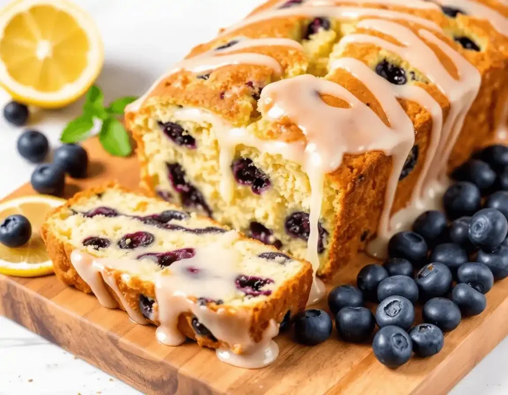 A thick-sliced lemon blueberry yogurt loaf on a wooden board, topped with lemon glaze and surrounded by fresh blueberries and mint.