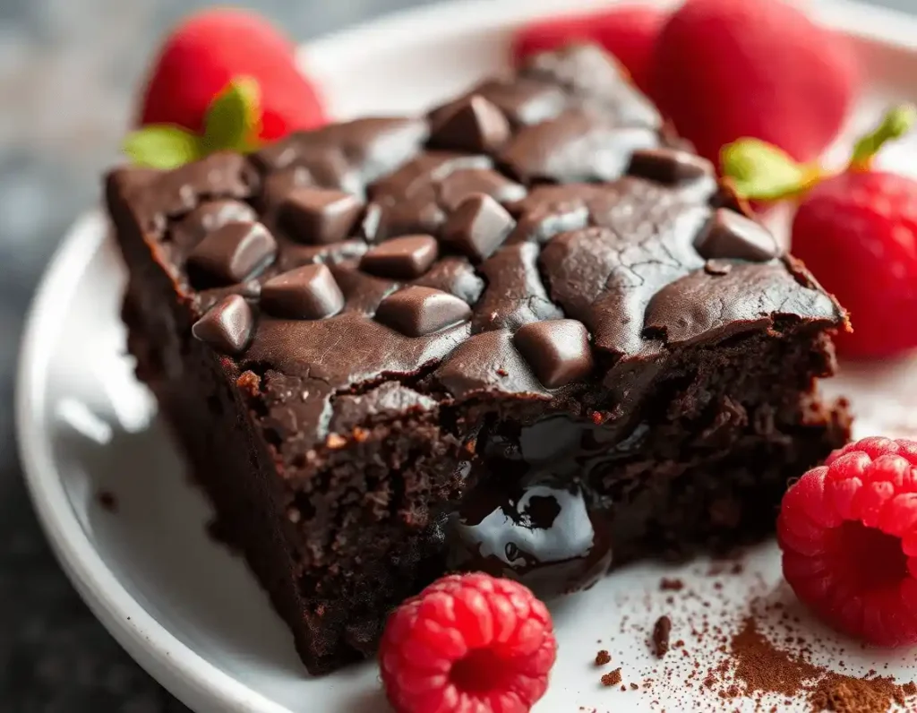 Gooey chocolate brownie with cracked glossy crust, dark chocolate chunks, and fresh raspberries on a white plate