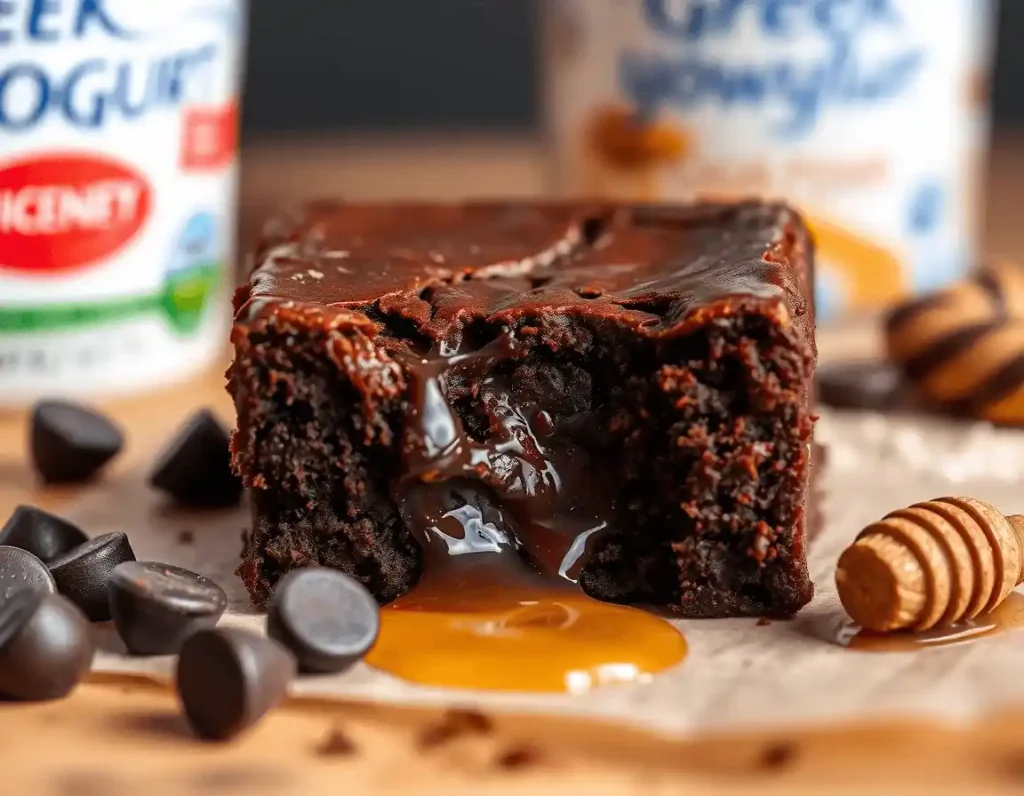 Ultra-close macro shot of fudgy Greek yogurt brownie with melty chocolate chips and honey drizzle.