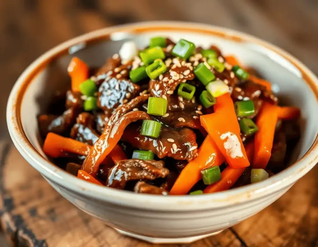 Mongolian Beef stir-fried with orange bell peppers and green scallions, garnished with sesame seeds. Served in a white bowl with a brown rim on a rustic wooden table.