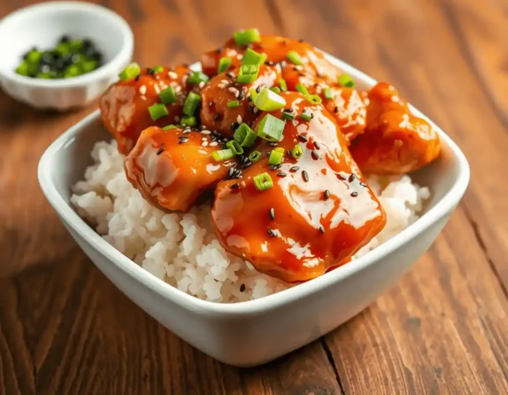 Close-up of honey-glazed chicken with crispy edges and deep-amber glaze, served over fluffy rice in a shallow white bowl, garnished with green scallions and black sesame seeds on a rustic wooden surface.