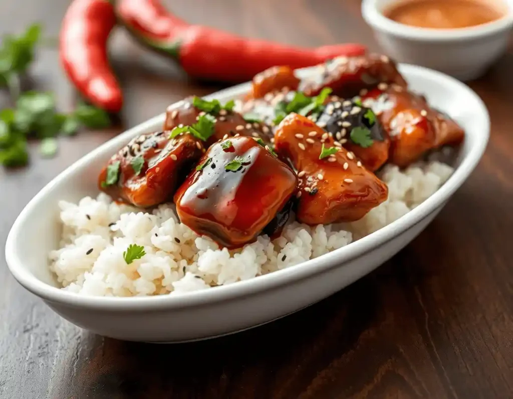 Deeply caramelized honey-glazed chicken with a sticky, succulent glaze served over white rice in a white oval bowl, garnished with fresh cilantro and black sesame seeds on a dark-stained wooden table.