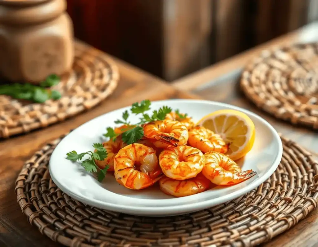 Vibrant golden-brown baked shrimp on a white oval plate with cilantro, lemon, and woven bamboo mat under natural light.