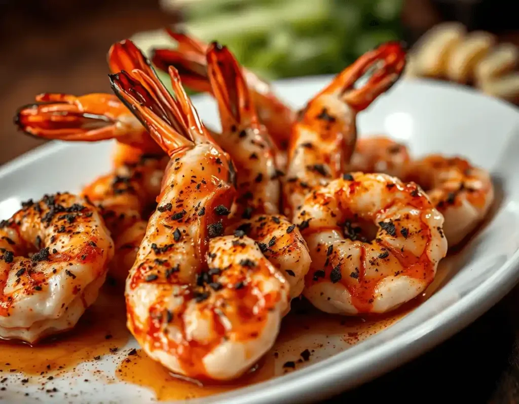 Ultra-detailed close-up of charred, spice-rubbed baked shrimp on a white ceramic plate with deep shadows and warm lighting.