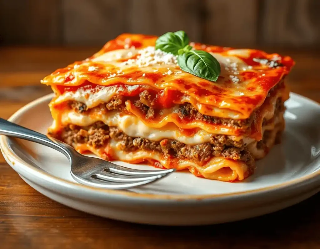 Lasagna in a metallic baking dish, with a slice being lifted by a spatula, revealing gooey cheese and meaty layers.