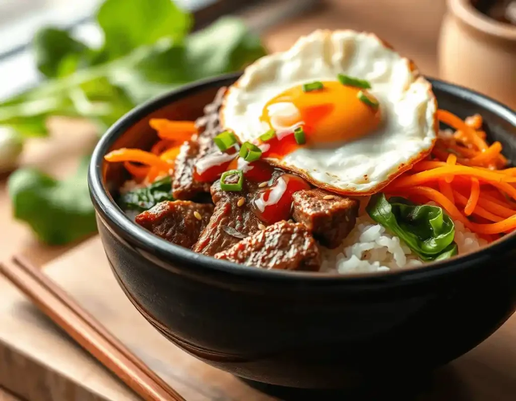 Korean beef bowl with caramelized beef, fluffy rice, sautéed spinach, fried egg, and sesame garnish in a rustic ceramic bowl.