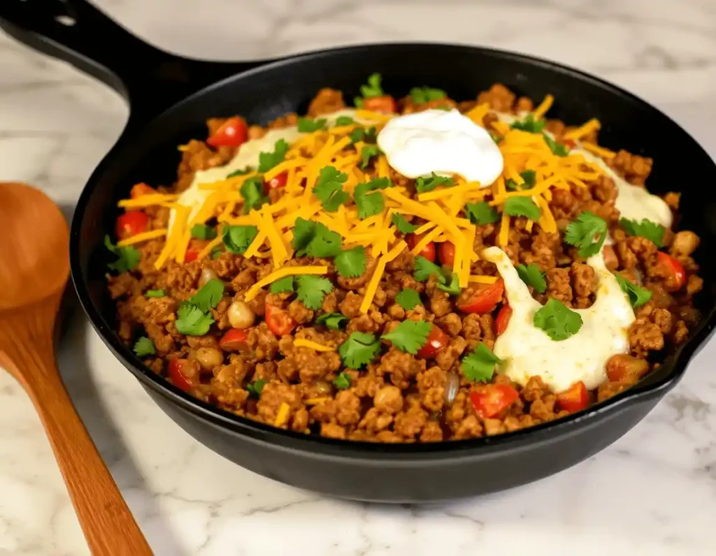 Taco Skillet Recipe with seasoned ground beef, melted cheese, cilantro, and sour cream in a cast-iron skillet.