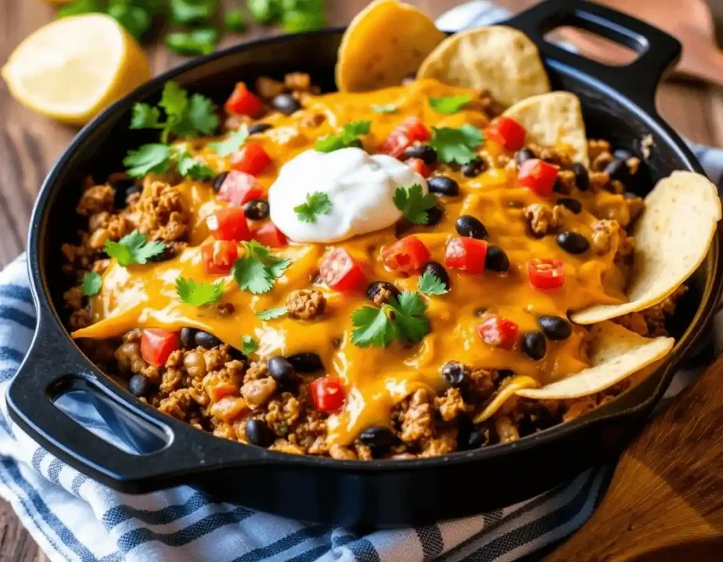 Layered Taco Skillet Recipe with seasoned beef, black beans, cheddar-Monterey Jack cheese blend, cilantro, sour cream, and tortilla chips in a cast-iron skillet, garnished with a lemon wedge.