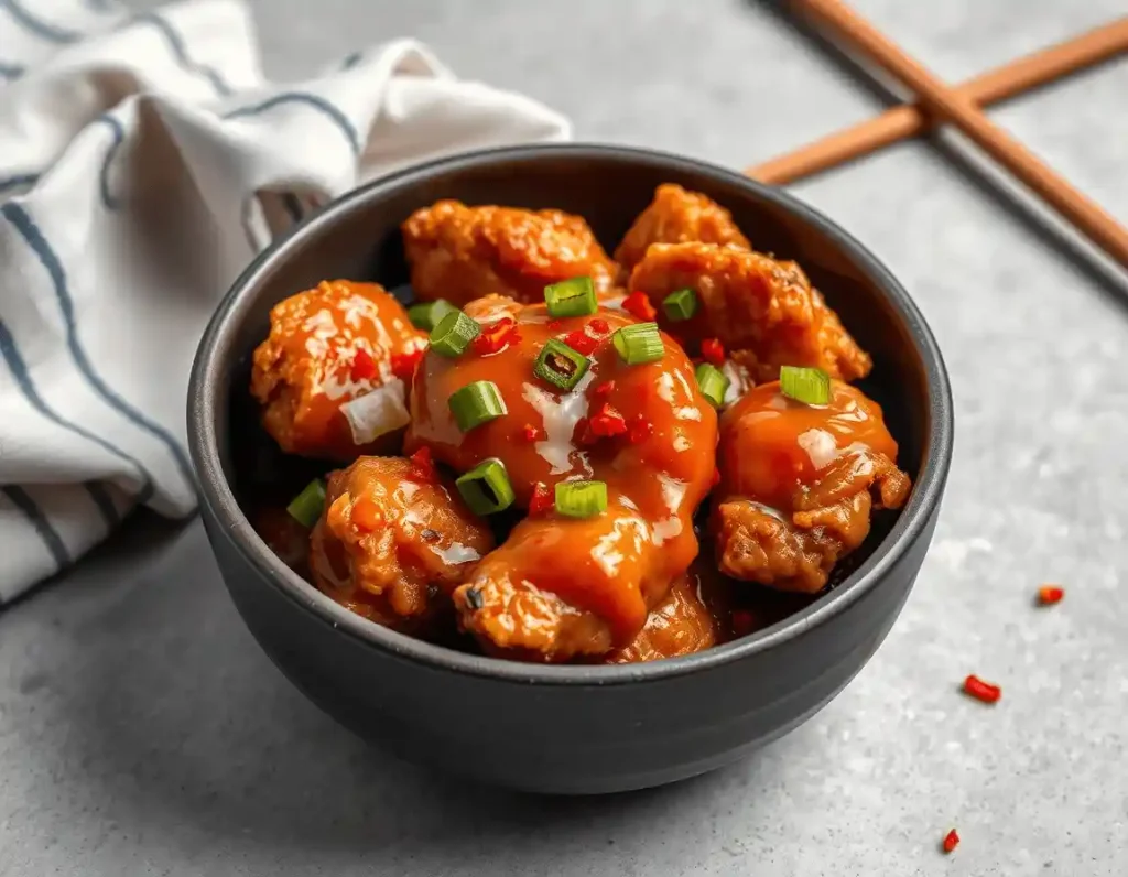 Crispy Bang Bang Chicken wings glazed with vibrant orange sauce, garnished with sliced green onions and red chili flakes, served in a dark gray bowl on a light gray speckled countertop with a striped linen napkin and wooden chopsticks.