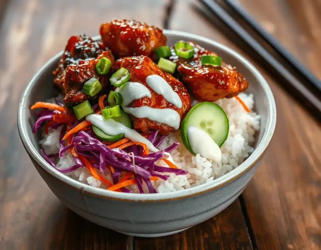 Crispy Bang Bang Chicken wings glazed with glossy red sauce, served over fluffy white rice with shredded purple cabbage, julienned carrots, sliced cucumbers, and a creamy white drizzle, garnished with green onions, in a gray ceramic bowl on a dark wooden table.