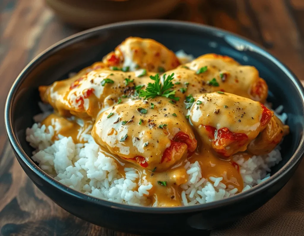 Seared chicken thighs in creamy sauce with rice, garnished with herbs and paprika, in a dark gray ceramic bowl.