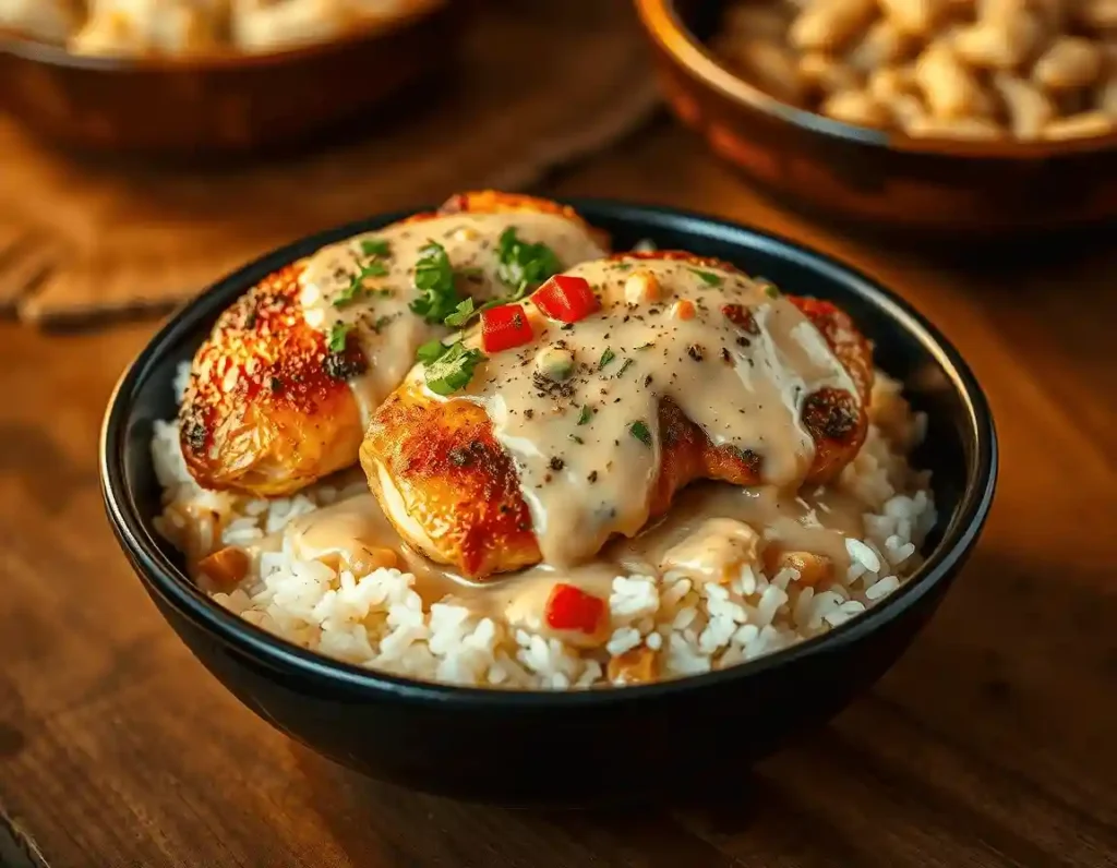 Golden-brown chicken breasts in creamy sauce with rice, garnished with red bell pepper and herbs, in a black ceramic bowl.