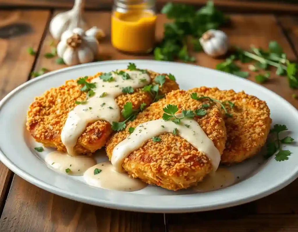 Golden-brown breaded cutlets smothered in creamy garlic sauce, garnished with parsley, served on a rustic white plate with garlic bulb and mustard jar in the background