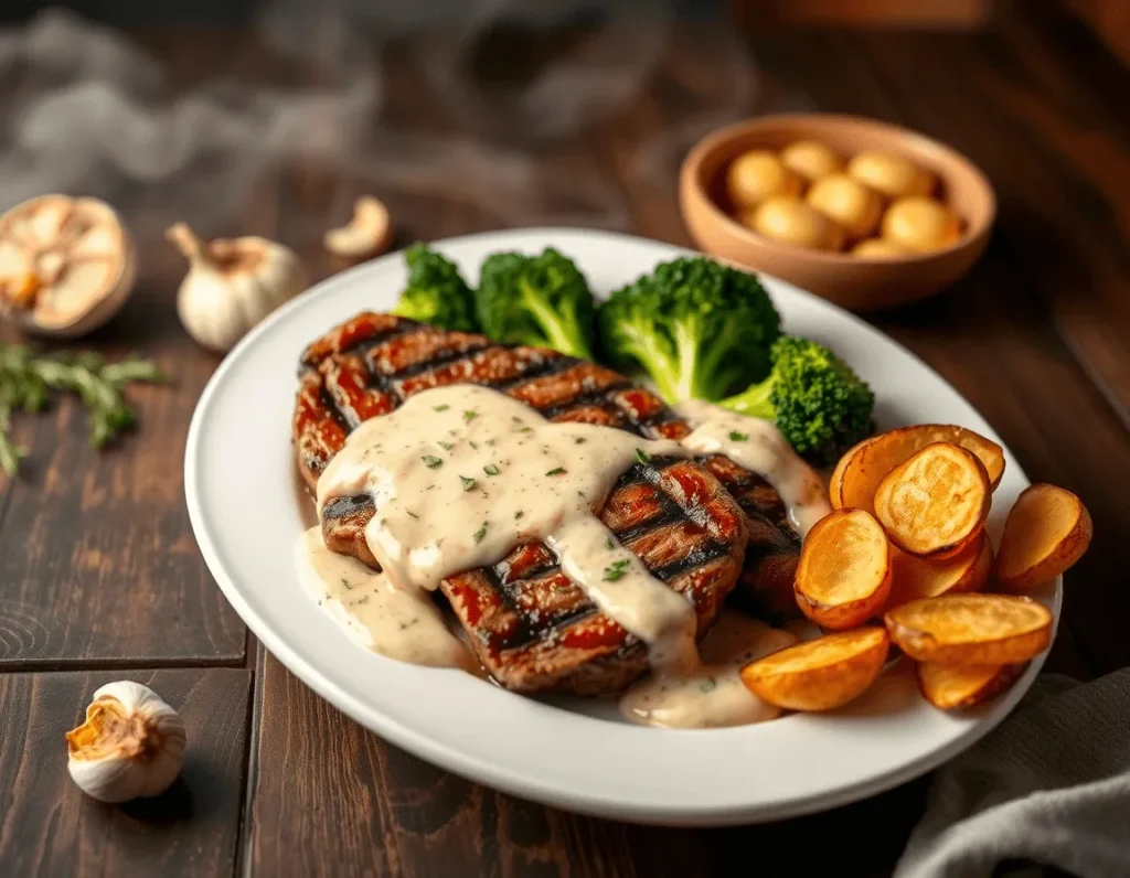 Tender seared steak slices covered in garlic cream sauce, paired with roasted broccoli and potatoes on a white plate