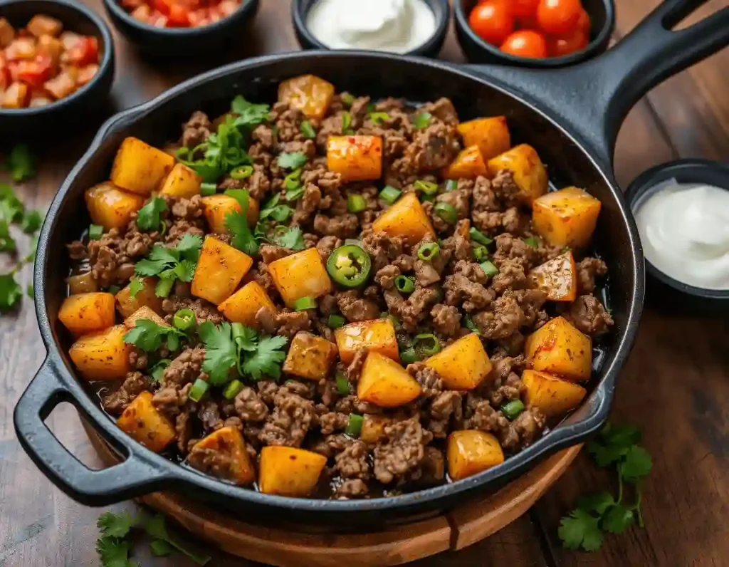 A rustic cast-iron skillet filled with ground beef, cubed potatoes, green onions, cilantro, and jalapeños, surrounded by bowls of sour cream and diced tomatoes on a wooden table.