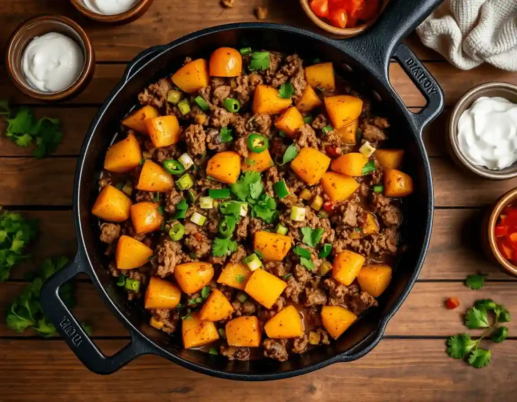 A comforting cast-iron skillet meal with ground beef, potatoes, herbs, and jalapeños, paired with condiments on a cozy wooden surface.