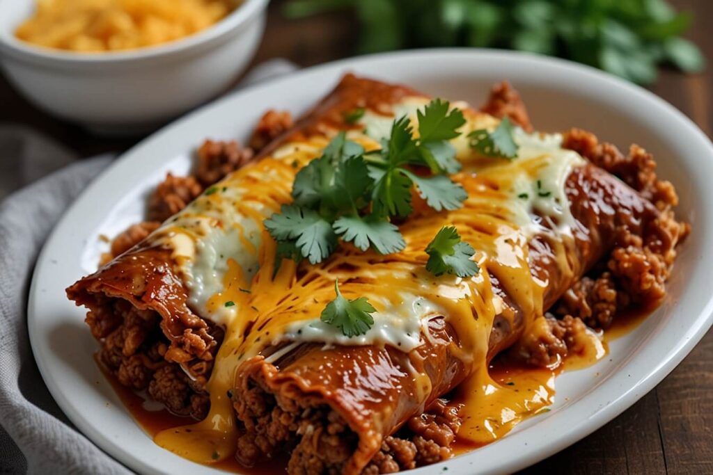 Sliced ground beef enchiladas on a white plate, topped with cilantro, diced onions, crema drizzle, and a silver fork.