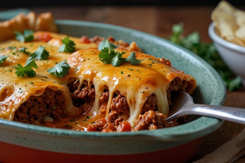 Silver spatula lifting a golden enchilada, revealing gooey cheese stretch, with red sauce, cilantro, and green onions.