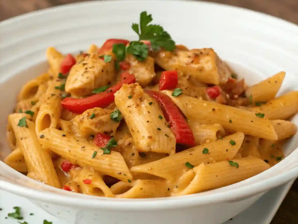 A close-up of creamy cajun chicken pasta showing glossy penne noodles coated in a Cajun-infused sauce, with visible chunks of chicken, bell peppers, onions, parsley, and red pepper flakes in a white bowl.