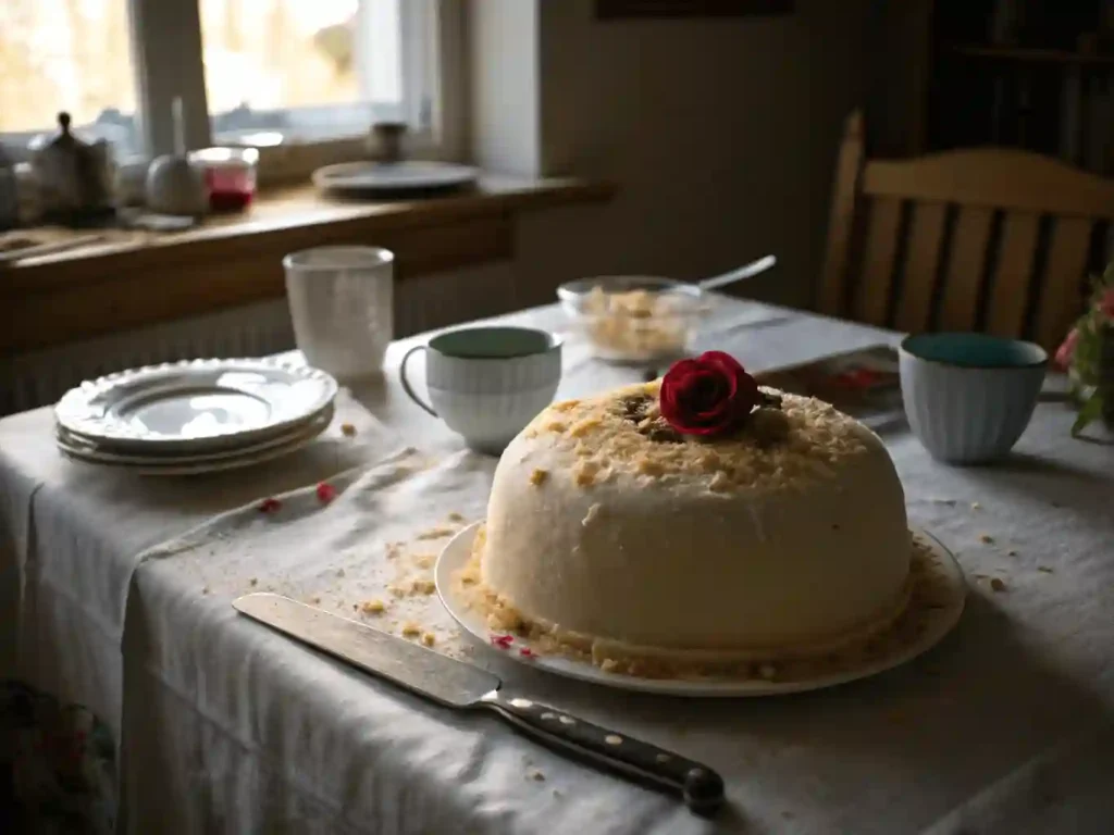 A homemade Swedish Princess Cake topped with a red rose sits on a rustic wooden table, accompanied by mismatched dishes and a vase of flowers. Sunlight filters through a window, creating a cozy atmosphere.