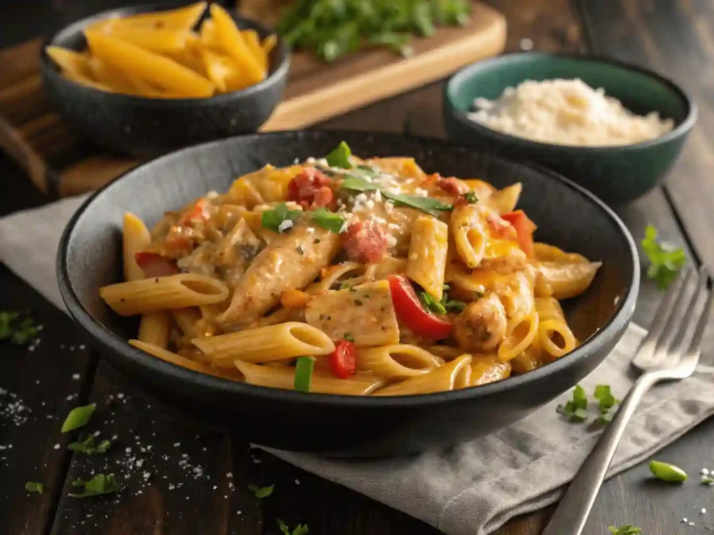 A black ceramic bowl of creamy cajun chicken pasta topped with melted Parmesan, fresh parsley, and red pepper flakes, served on a dark wooden table with a linen napkin nearby.