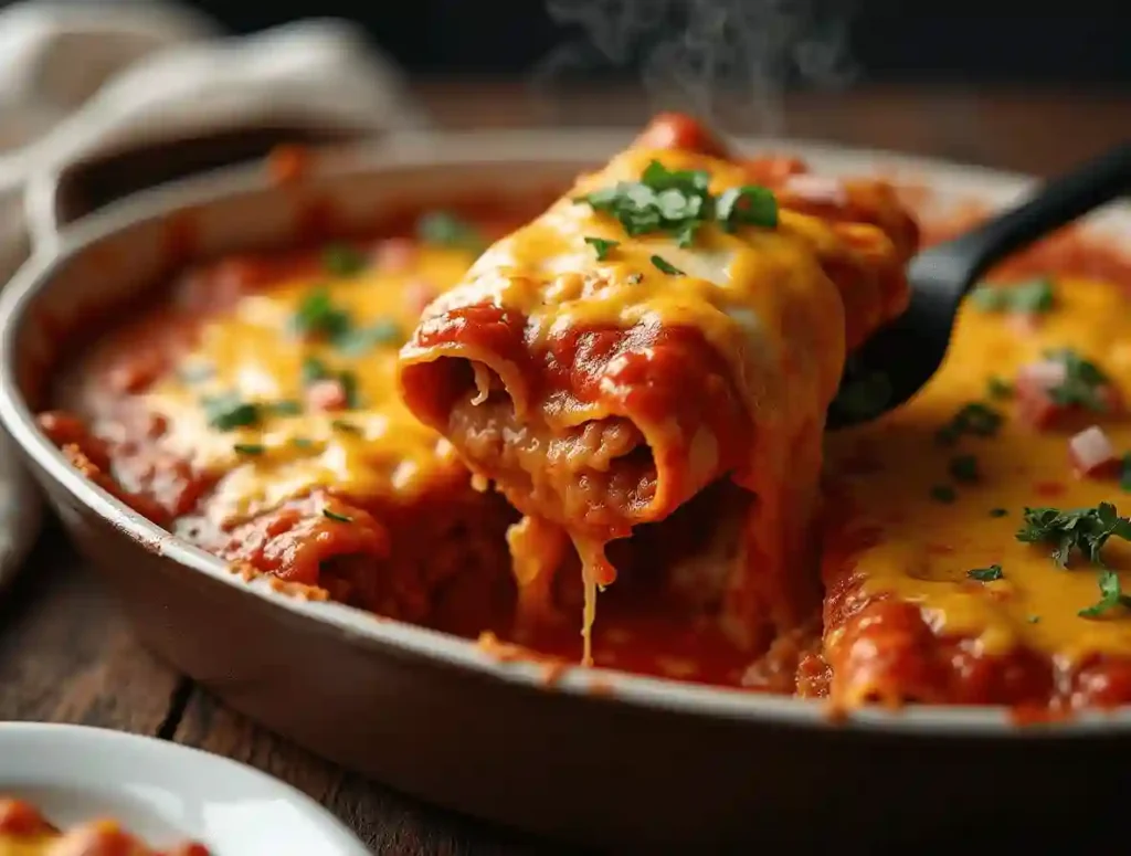 Gooey cheesy enchiladas in a casserole dish, with a spatula lifting one piece, revealing saucy filling, on a rustic wooden table.