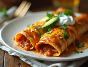 Two enchiladas on a white plate, topped with avocado, sour cream, cilantro, and tomatoes, served with a gold fork.