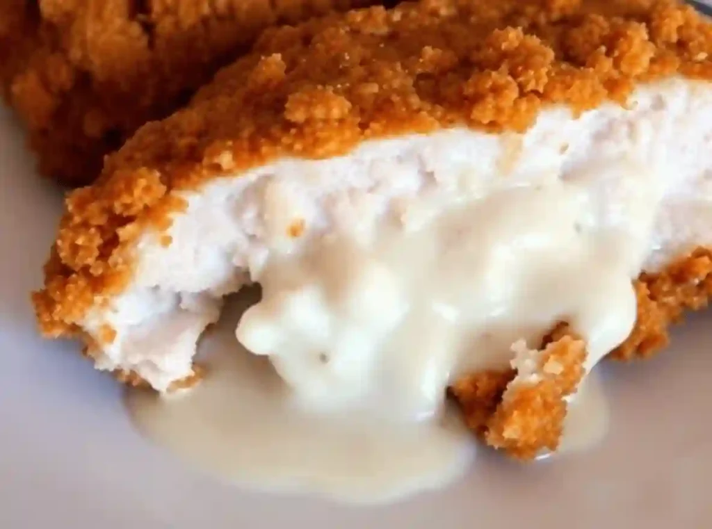 Crispy fried chicken breast with a golden brown coating reveals tender white meat covered in a creamy sauce on a white plate.