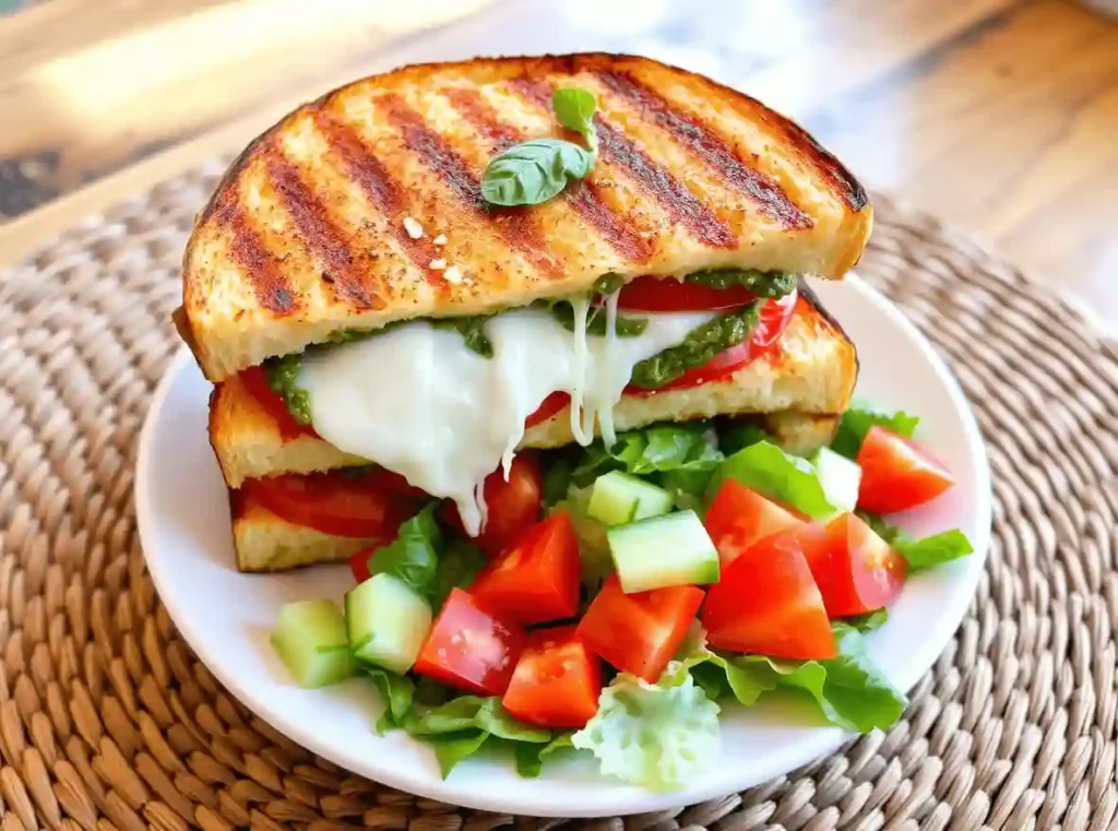 A grilled mozzarella sandwich sliced in half on a white plate, layered with tomatoes and pesto. A side salad of lettuce, cucumber, and cherry tomatoes sits nearby, all on a woven placemat over a rustic wooden table. Warm light adds a cozy vibe.
