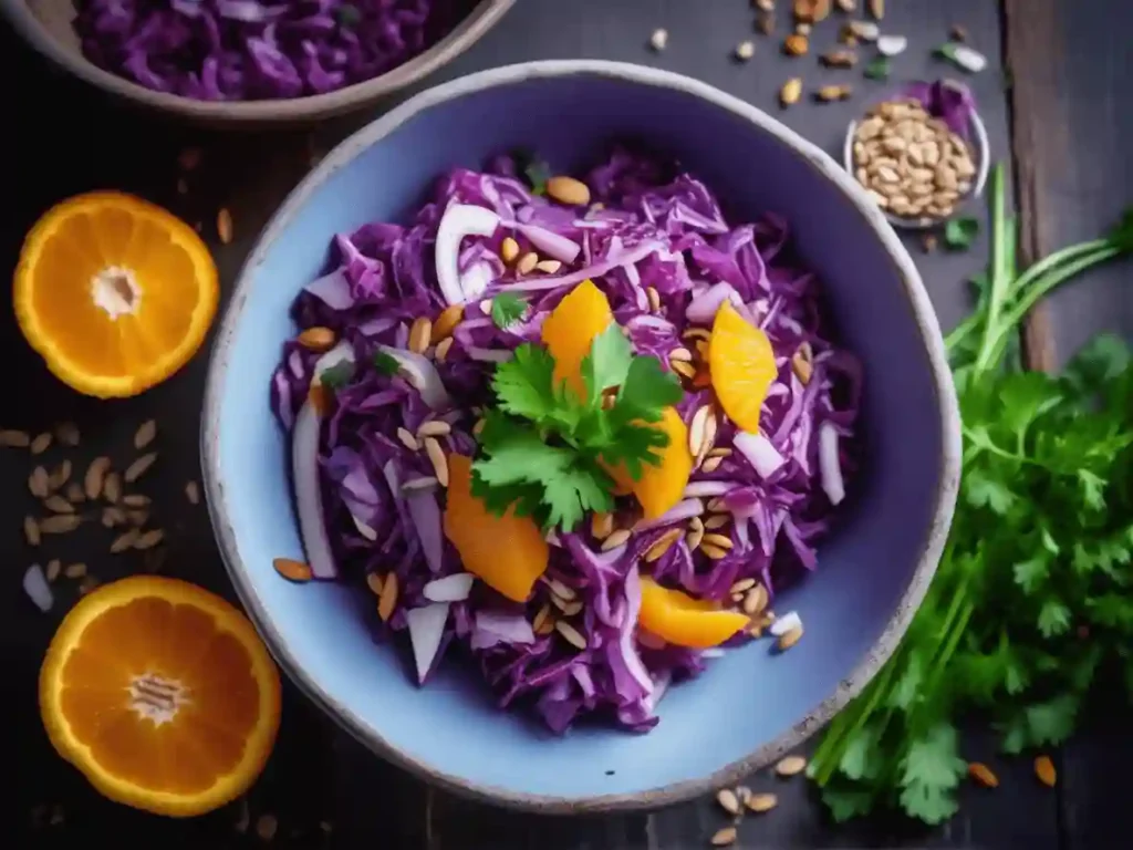 An overhead view of a purple cabbage salad in a light blue bowl, arranged with shredded cabbage, mandarin oranges, parsley, and sunflower seeds on a rustic wooden table.