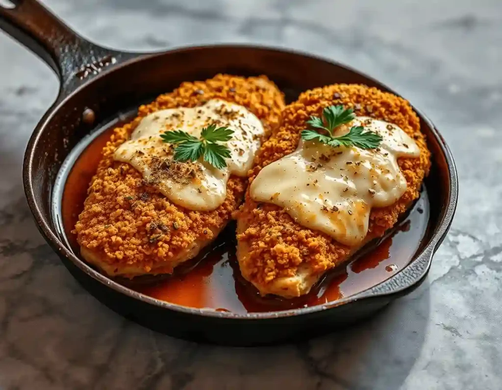 Golden chicken breasts with garlic-herb breadcrumb crust, melted provolone cheese, and parsley, served in a cast-iron skillet on a frosty marble countertop.