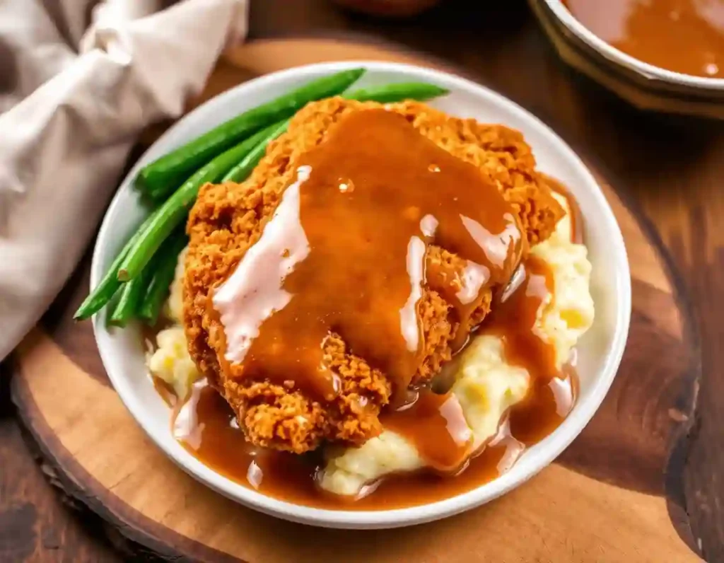 A rustic wooden board holds a golden-brown fried chicken breast smothered in creamy white gravy, served with fluffy mashed potatoes and steamed green beans under soft, inviting lighting.
