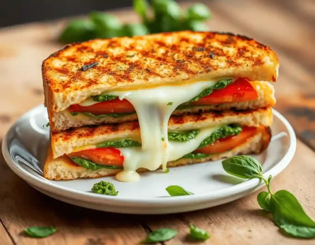 A halved grilled mozzarella sandwich on a white ceramic plate, revealing a dramatic cheese pull between the two crispy golden halves. Tomato slices and melted mozzarella peek inside, with soft lighting highlighting the cheese’s stretchiness.