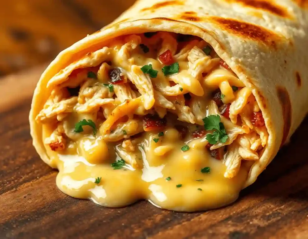 A cross-section of a golden tortilla wrap filled with herb-seasoned chicken, rich garlic cream sauce, oozing cheese, caramelized onions, and fresh parsley, served on a walnut cutting board under warm lighting.