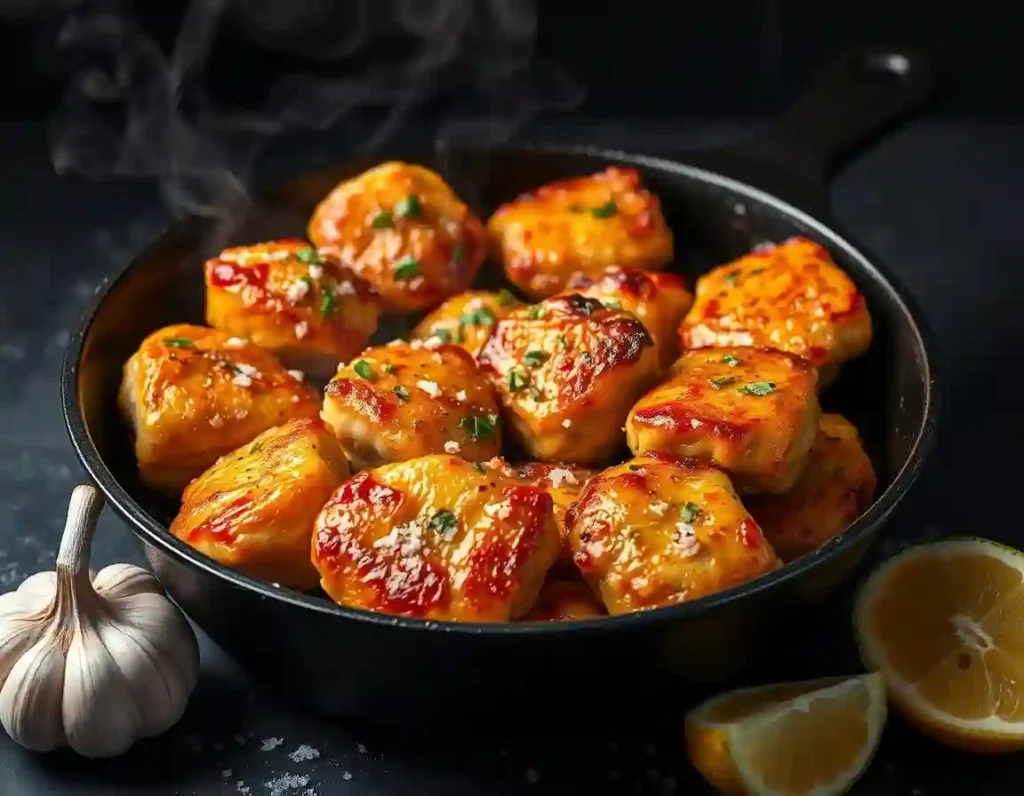 Sizzling Garlic Butter Chicken Bites in a cast-iron skillet, drizzled with caramelized sauce and garnished with herbs, alongside garlic and lemon.