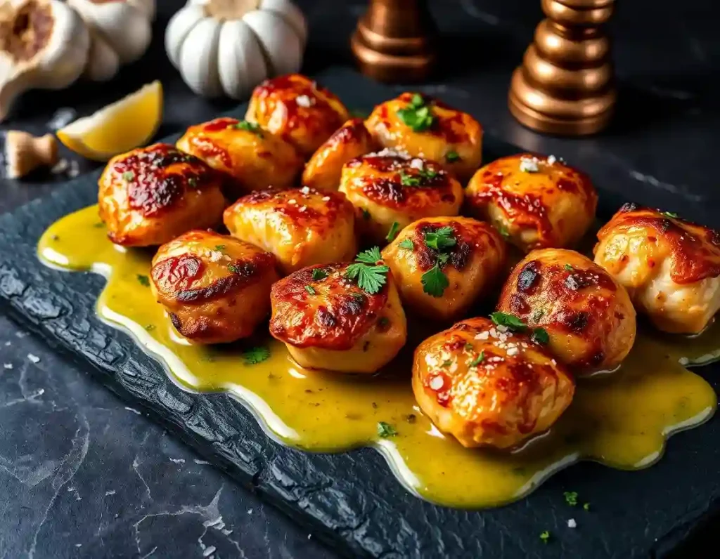 Garlic Butter Chicken Bites on a dark slate board, drizzled with honey-gold sauce, garnished with herbs and chili flakes, surrounded by garlic and lemon.