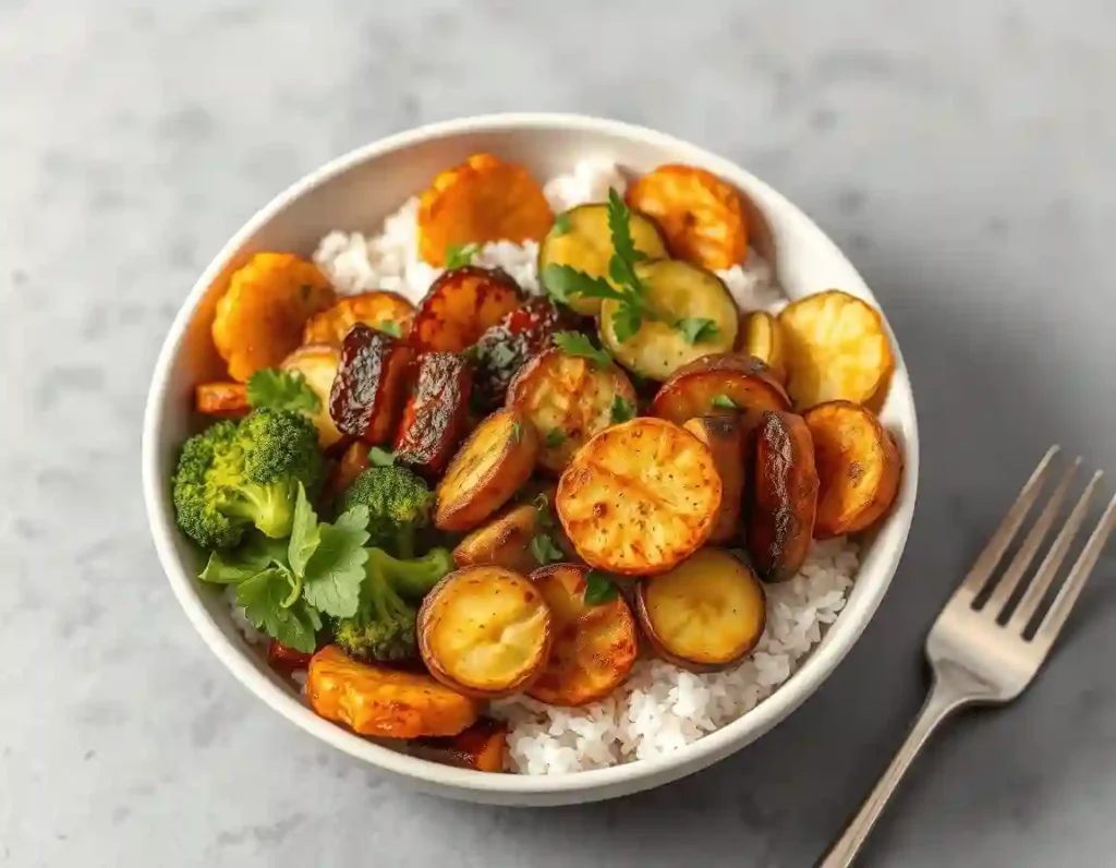Crispy Tater Caesar Salad in a shallow white bowl, layered with fluffy white rice, roasted potatoes, charred broccoli, pickled cucumbers, caramelized squash, and grilled chicken, garnished with herbs and sauce.