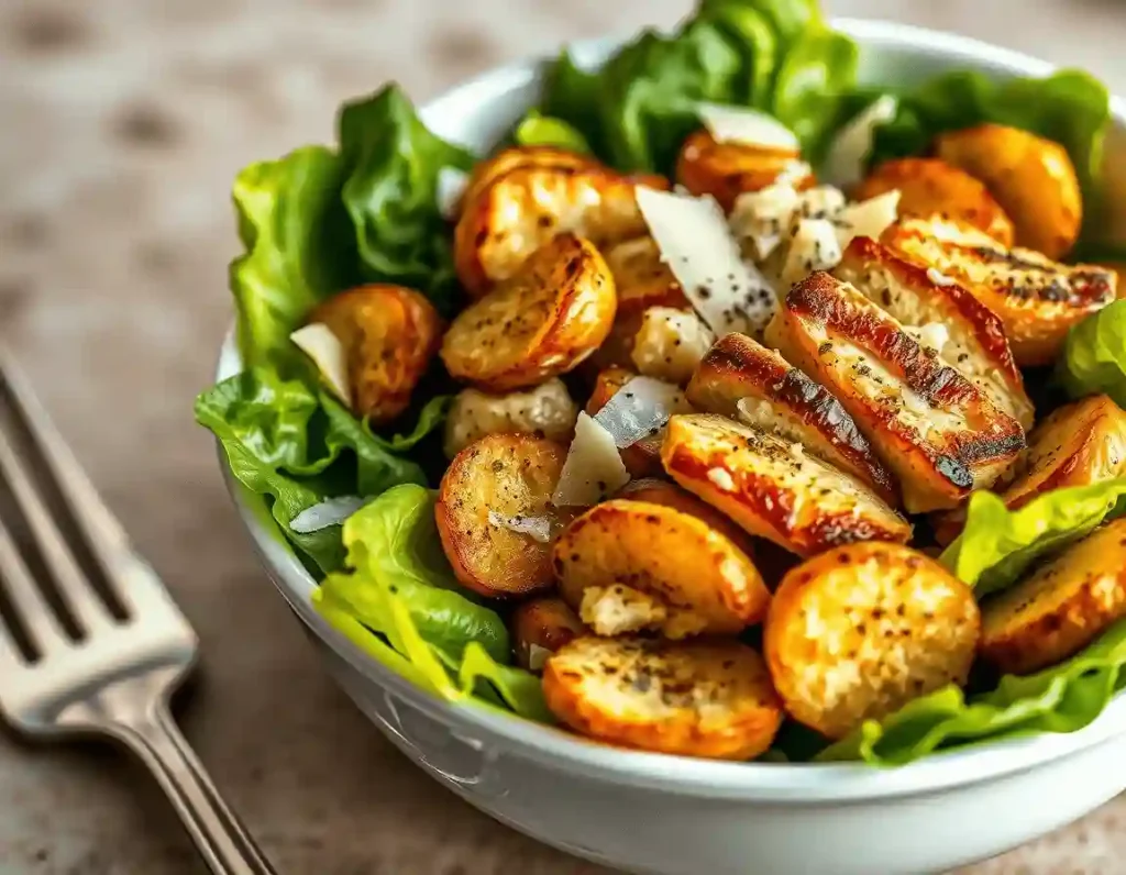 Close-up of Crispy Tater Caesar Salad in a white bowl, showcasing golden-brown roasted potatoes, romaine lettuce, grilled chicken, croutons, and Parmesan cheese, with a silver fork beside it.