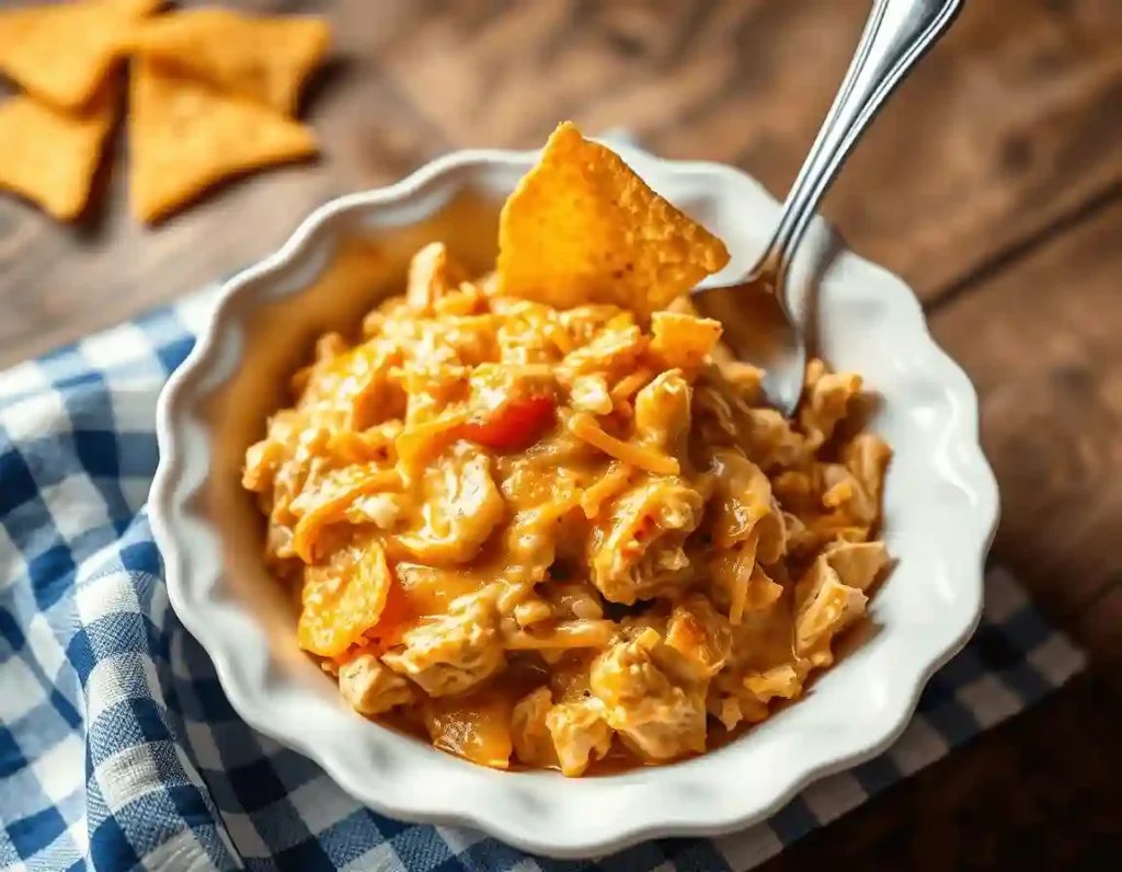 Shredded chicken and melted cheese in a creamy sauce, topped with a Dorito chip, served in a white bowl with a spoon.
