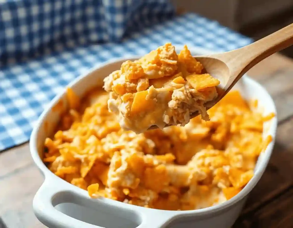 A wooden spoon lifting a scoop of Doritos Chicken Casserole from a white baking dish, showcasing shredded chicken, melted cheese, and crushed Doritos chips.