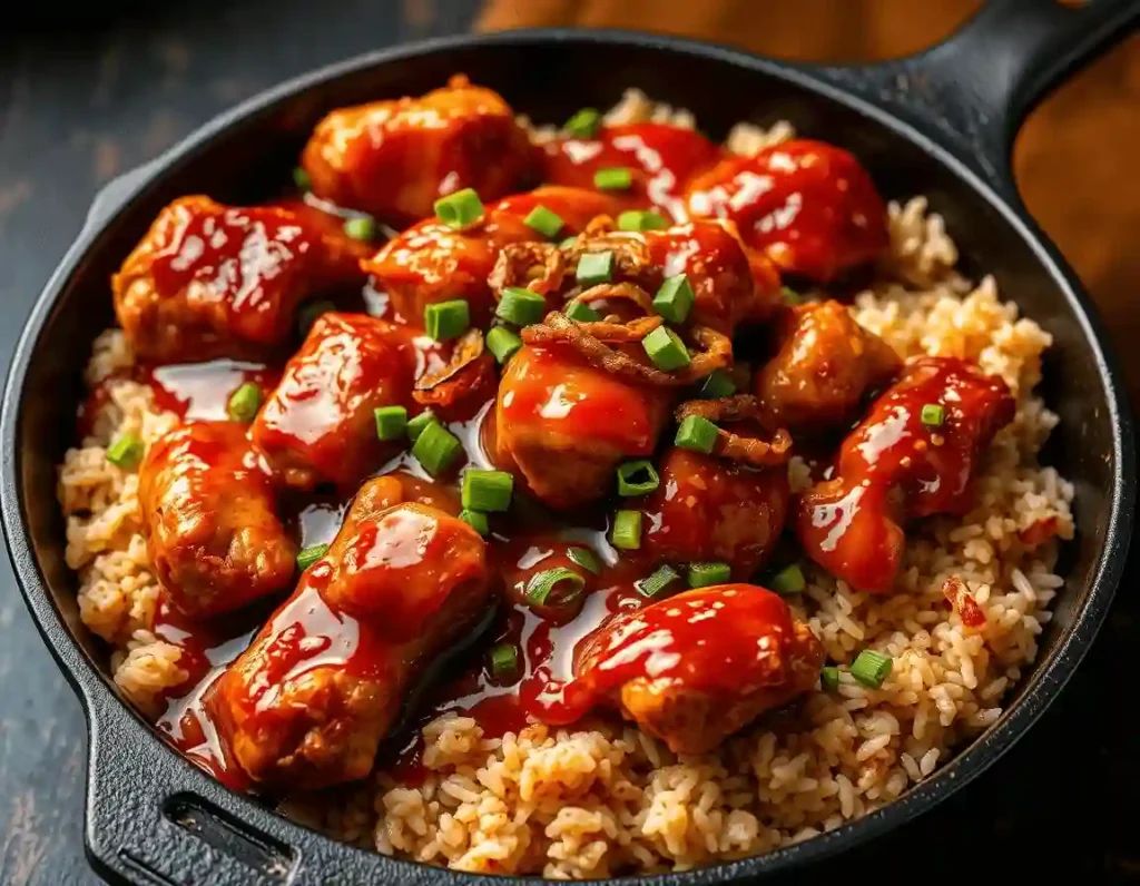 Cast iron skillet filled with honey BBQ chicken and brown rice, topped with green onions and crispy onions, styled against a dark background.