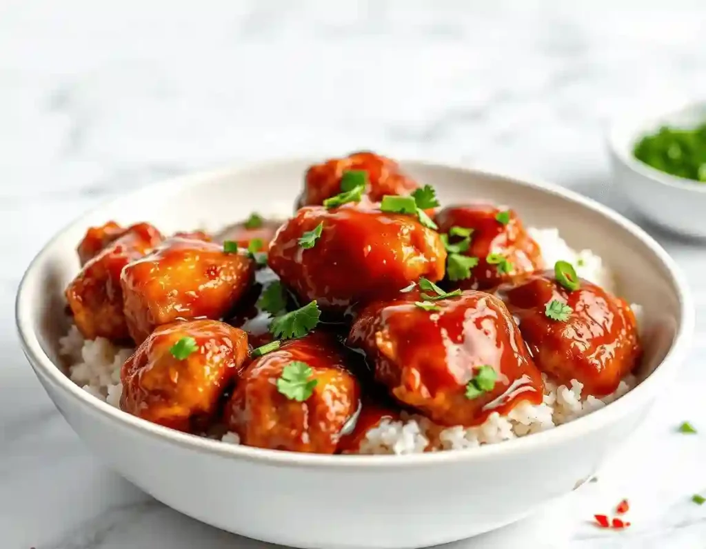 White ceramic bowl with glossy honey BBQ chicken, fluffy rice, cilantro, and red chili flakes on a marble backdrop.