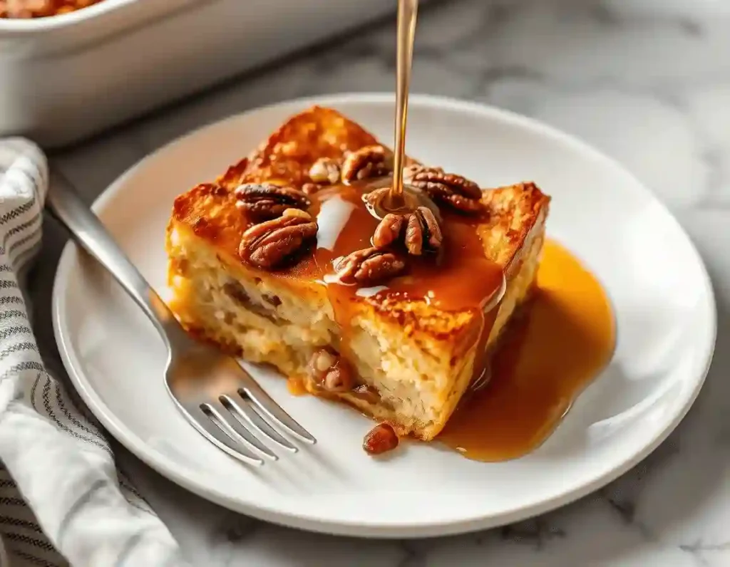 French Toast Casserole with Toasted Pecans and Maple Syrup
