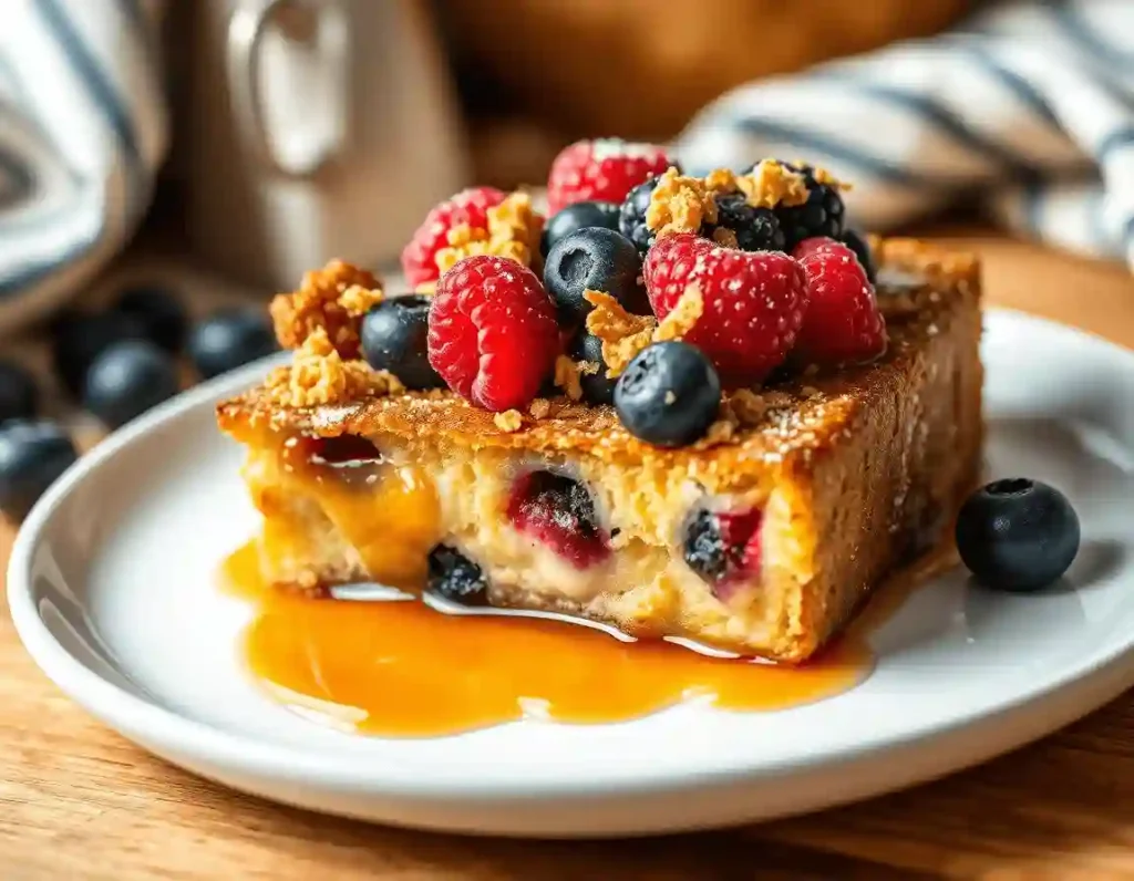 French Toast Casserole with Fresh Berries and Maple Syrup